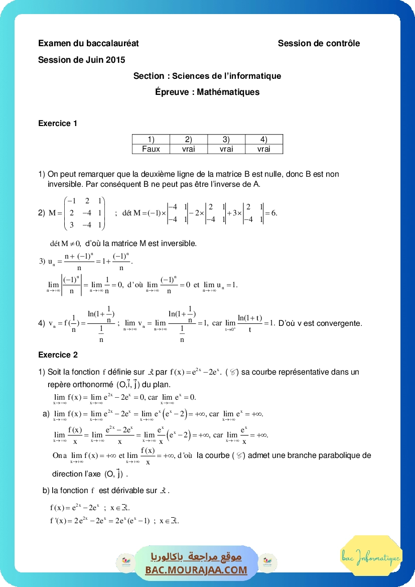 Corrigé controle math Bac 2015 – Section info